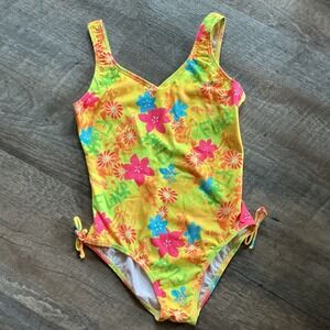 Speedo Girls Lil Flower One Piece Swimsuit Neon Yellow Floral Size 14 7145608